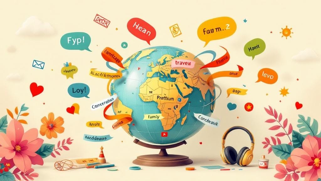 A globe surrounded by colourful speech bubbles and headphones