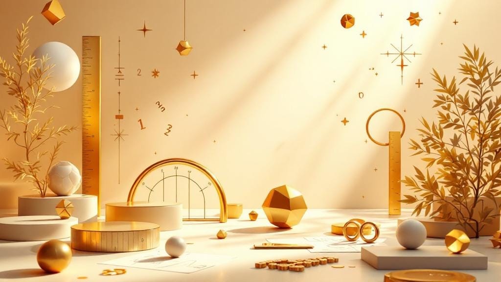 Brass geometry instruments and a golden polyhedron on a sunlit desk