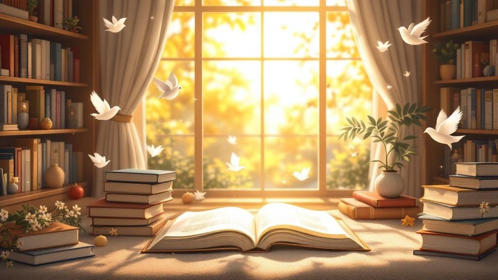 An open book on a window seat in a sunlit library