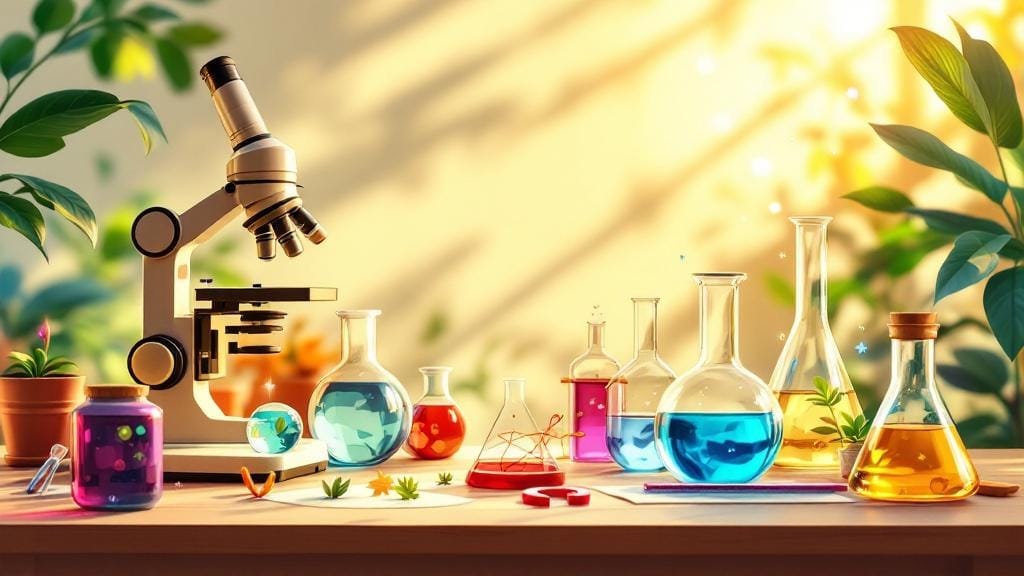 A microscope and colourful flasks on a bright lab bench