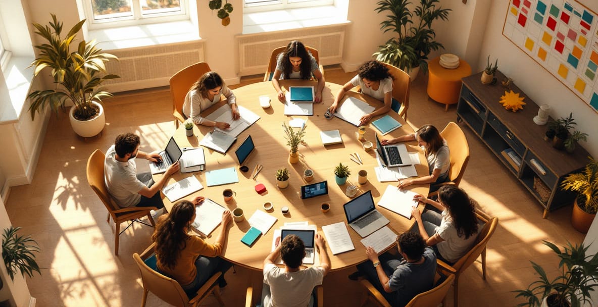 Learners working together around a large table with laptops and notebooks, seen from above