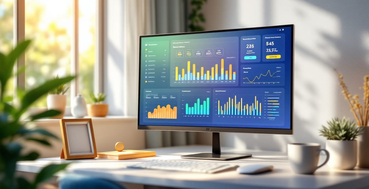 A desk with a monitor showing learning progress charts in soft morning light