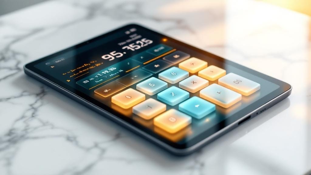 A tablet calculator with glowing keys on a marble desk