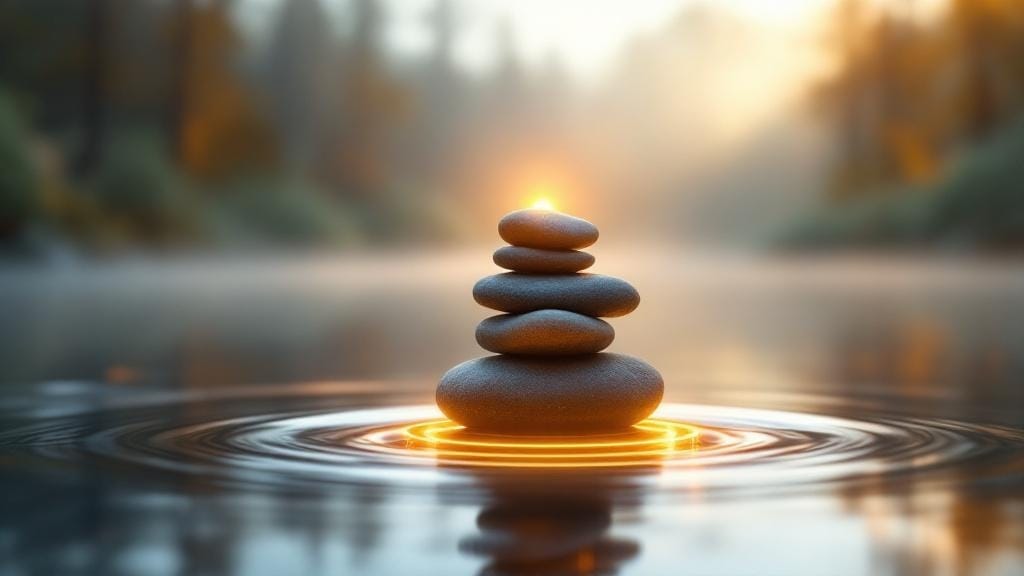 Balanced stones on still water in soft morning light