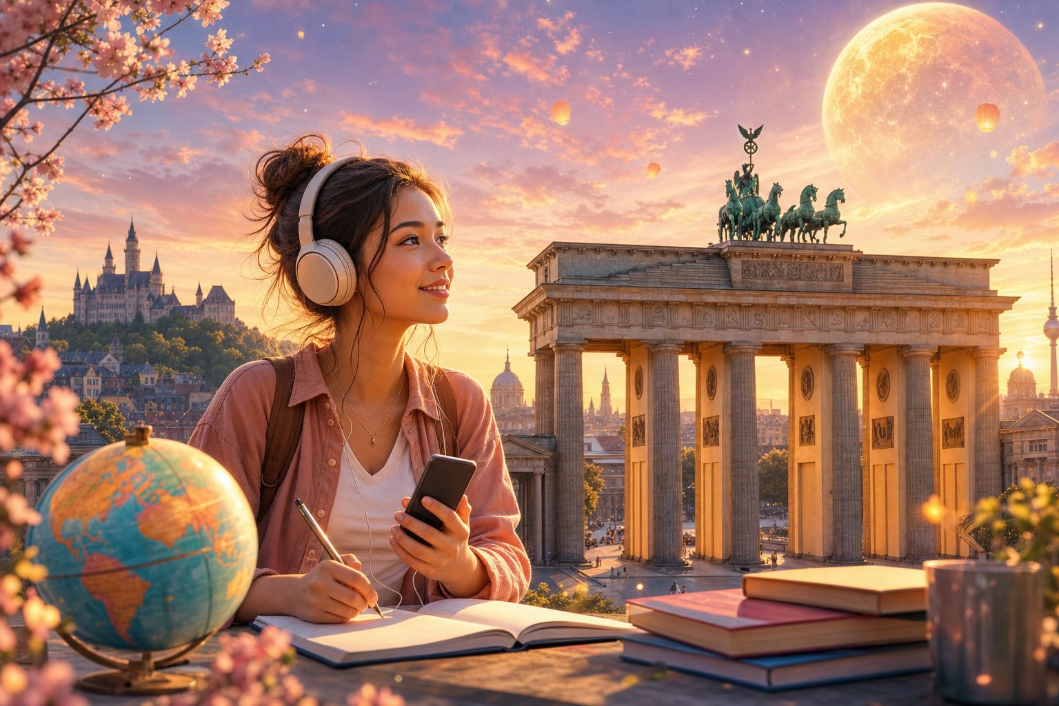 A learner with headphones taking notes near the Brandenburg Gate