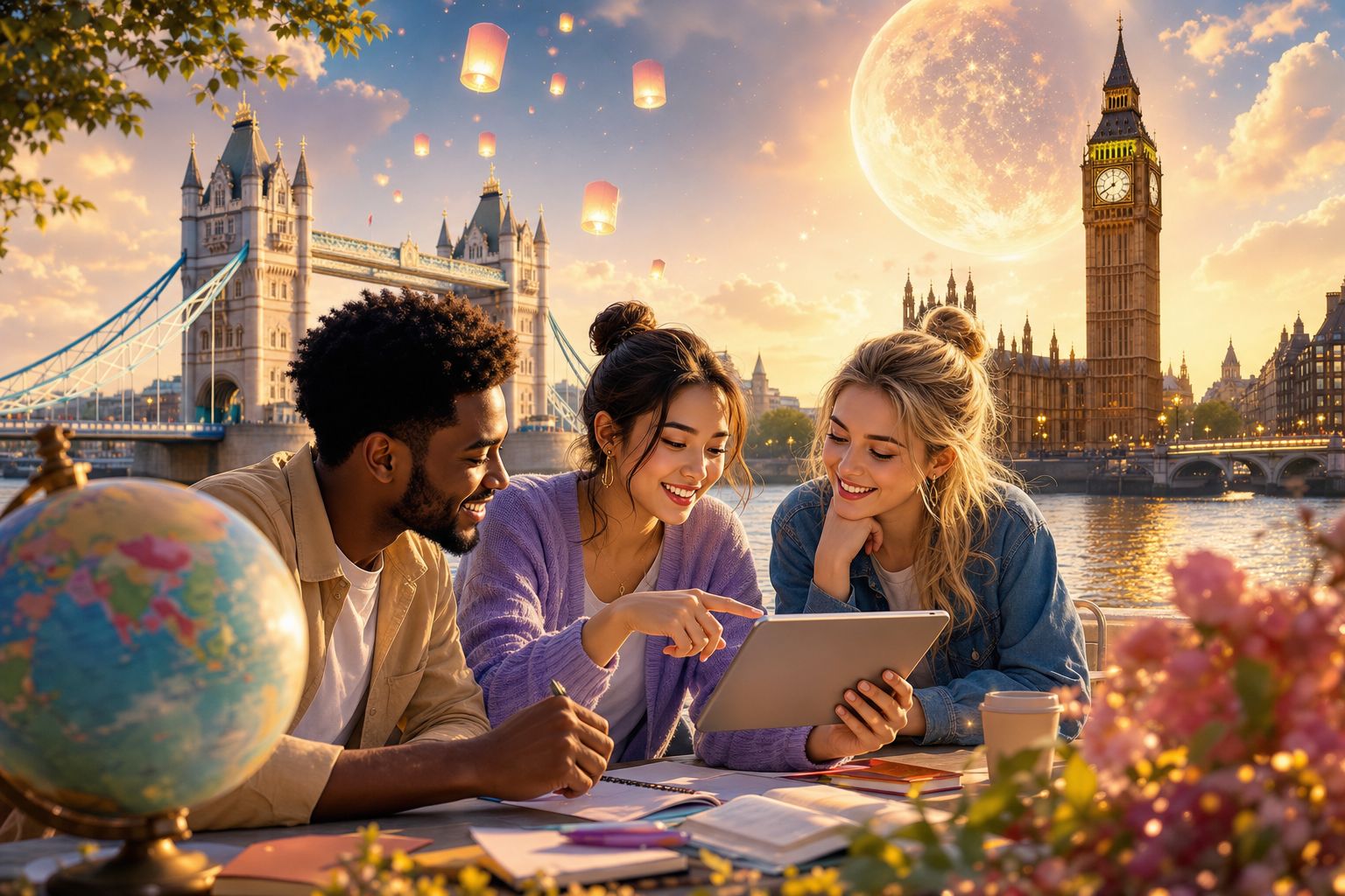 Friends working through a lesson on a tablet by the river in London