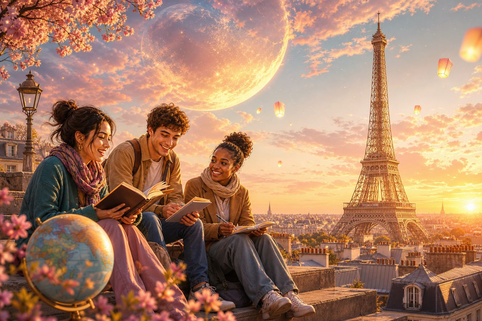 Students reading together on a Paris rooftop at sunset