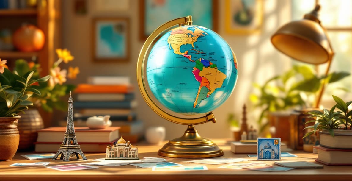 A desk globe surrounded by miniature world landmarks in warm light