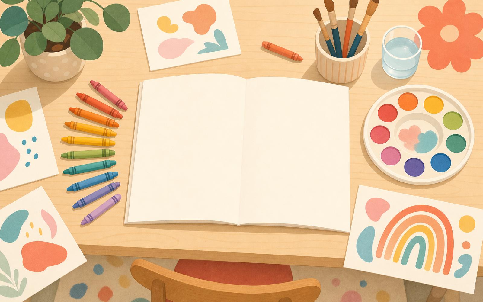 A tidy desk with crayons, paints, and an open sketchbook