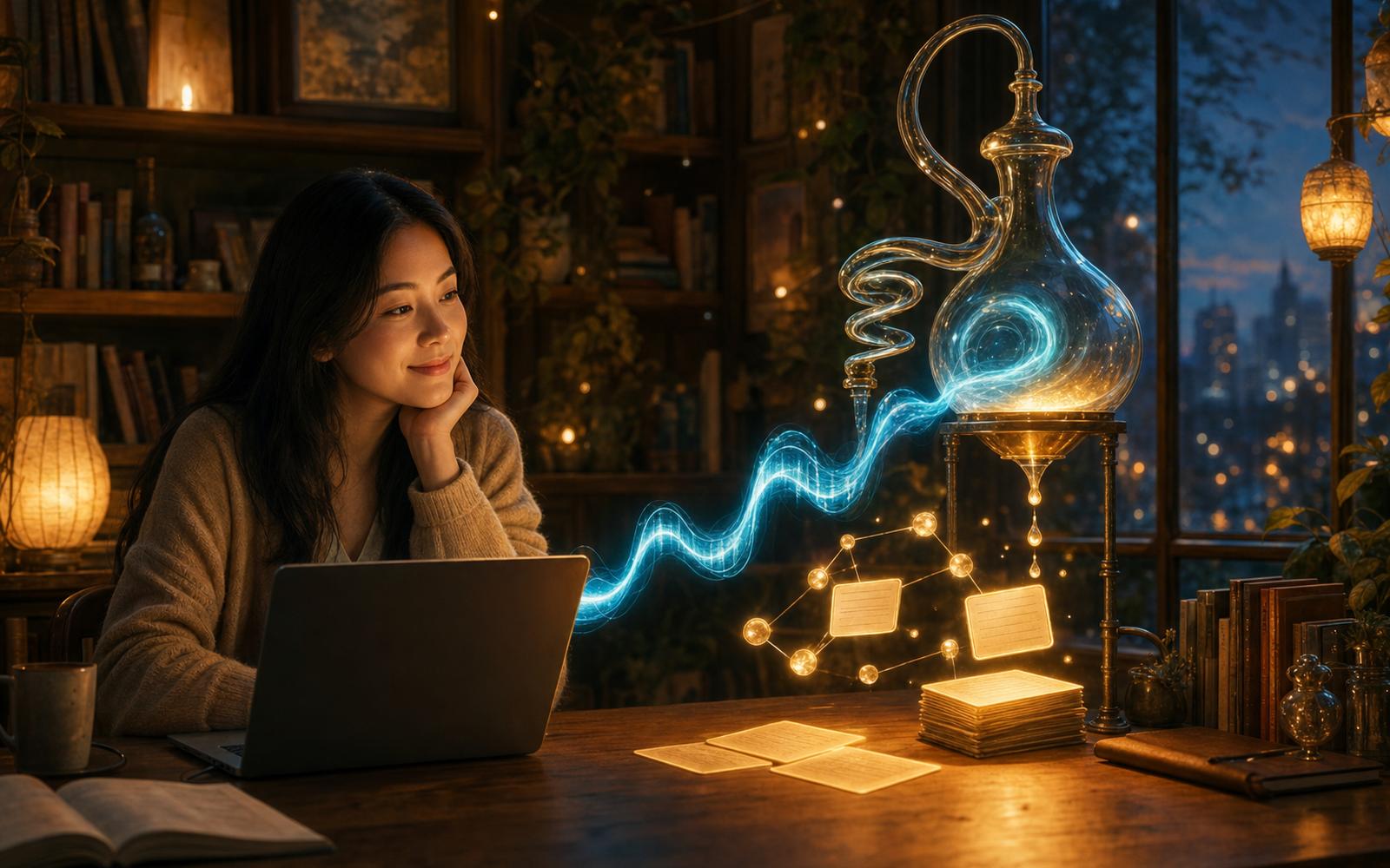 A young woman at a lamplit desk smiles as a glowing soundwave from her laptop flows into a glass still and drips out as study cards and a concept map