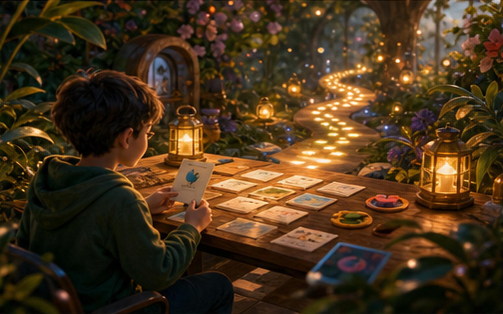 A boy laying out glowing flashcards on a garden table at dusk