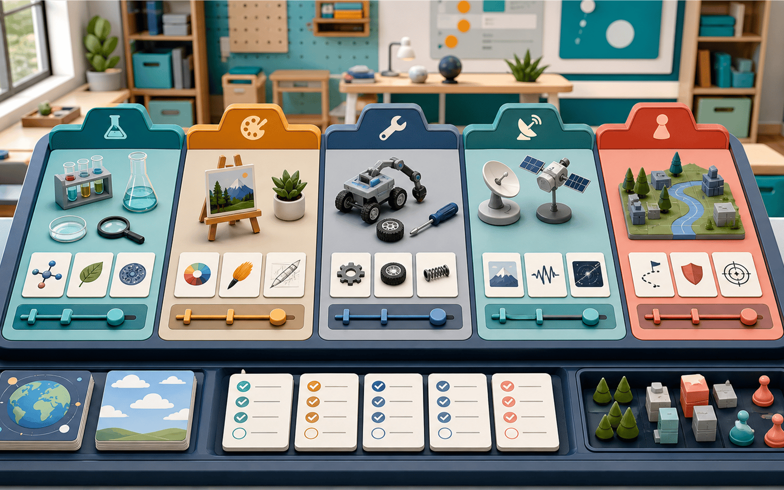 Koydo Wonderworks Creator Studio bench with learning simulation tiles and review checklists.