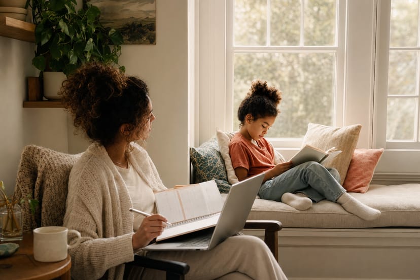 A parent planning lessons on a laptop while a child reads in a sunny window seat.