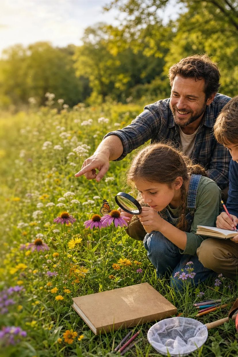 A parent and two children on a nature walk, looking at a butterfly through a magnifying glass and sketching in a meadow.
