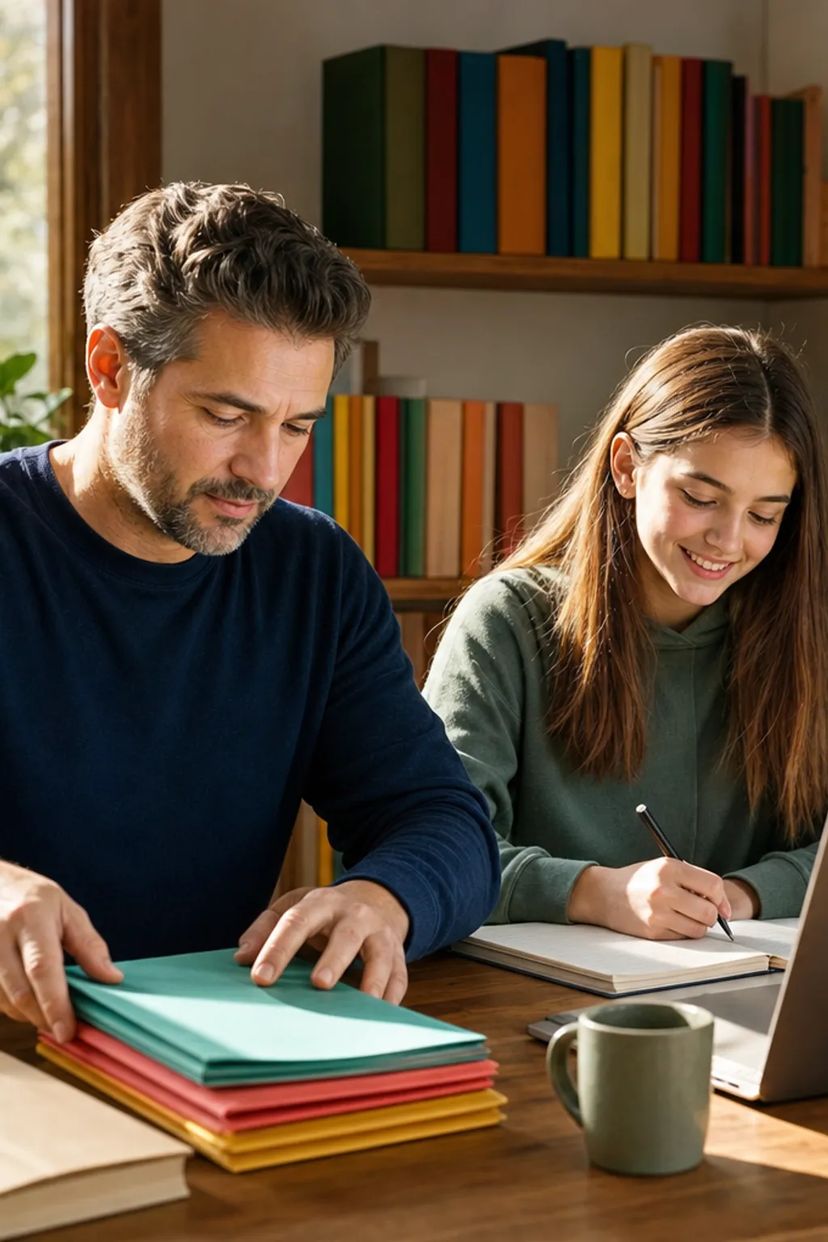 A parent organizing colorful record folders at a sunny desk while a teenager writes in a notebook beside him.