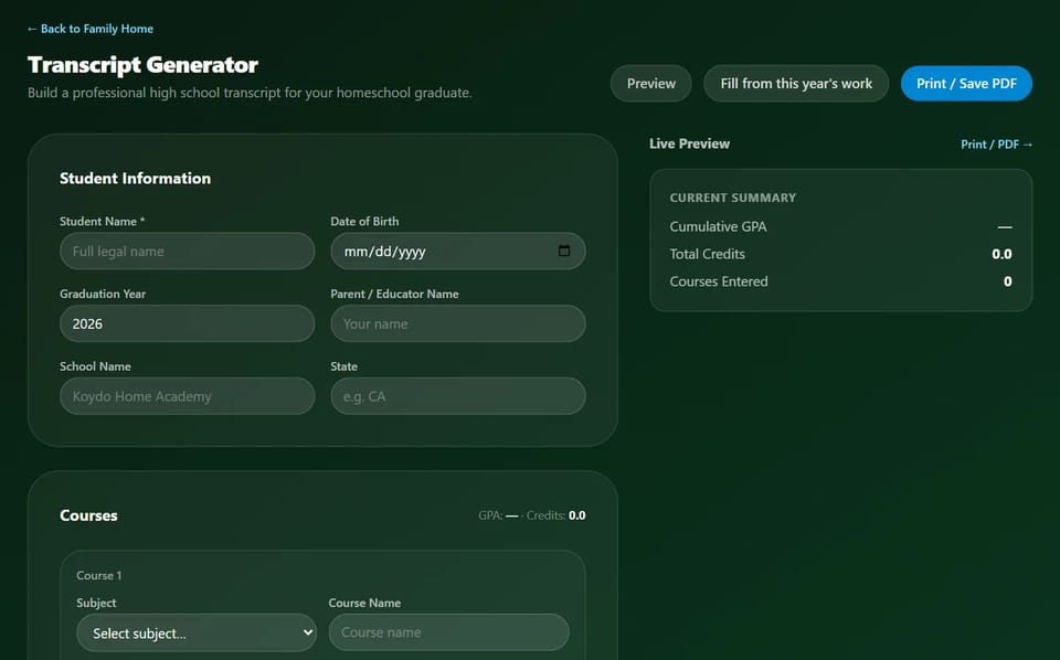 Homeschool transcript generator: student information, course entries, and a live GPA and credits preview.