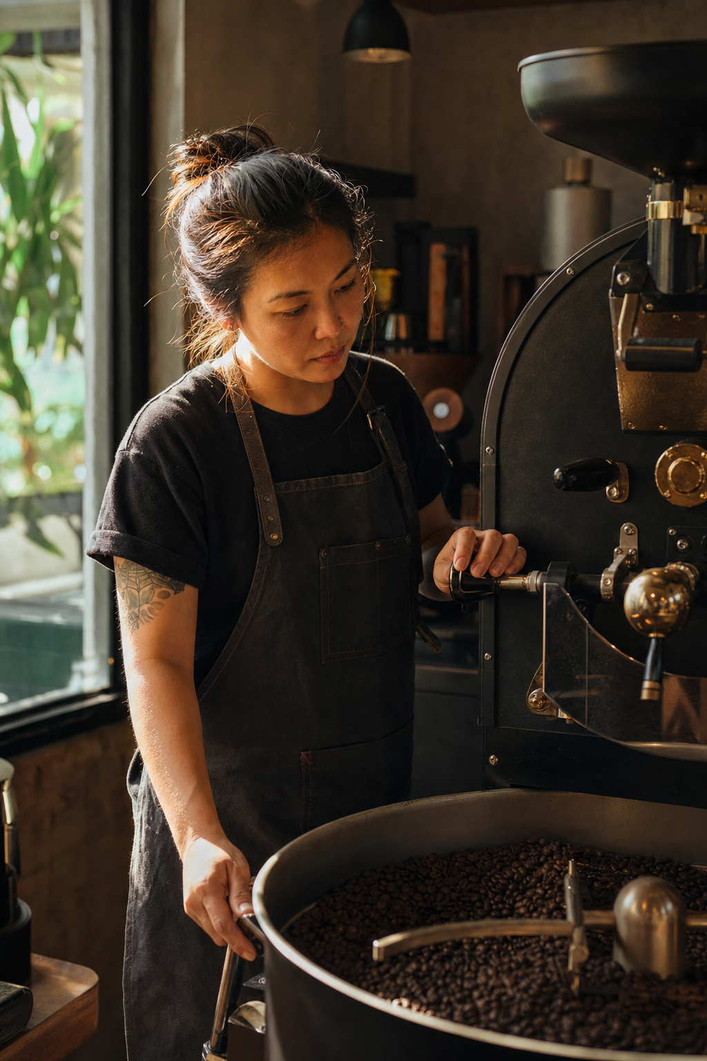 A specialty coffee roaster, photographed in mixed tungsten and window light — Grove Light Studios