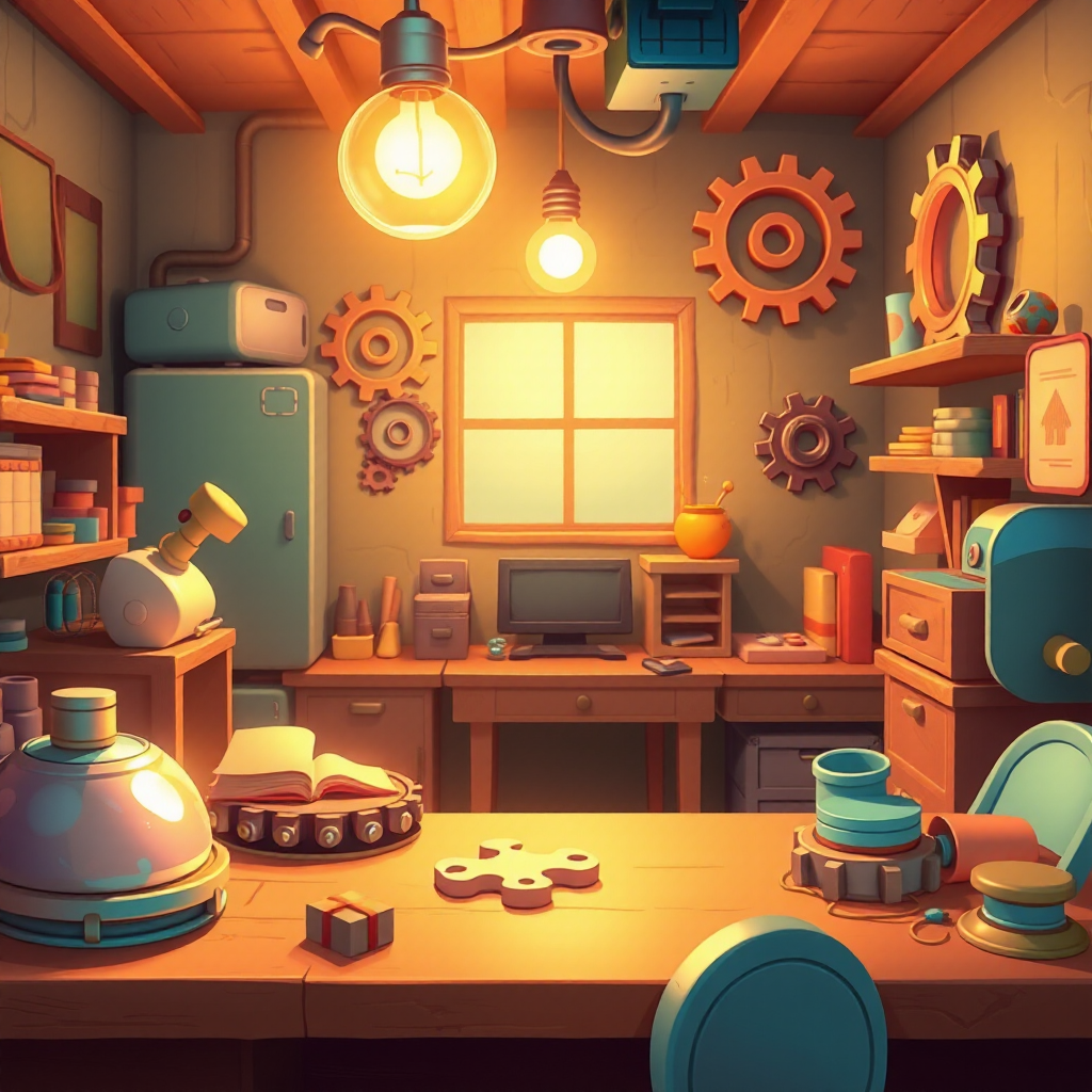 Doozle logic-and-puzzle game scene with glowing gears and a lightbulb