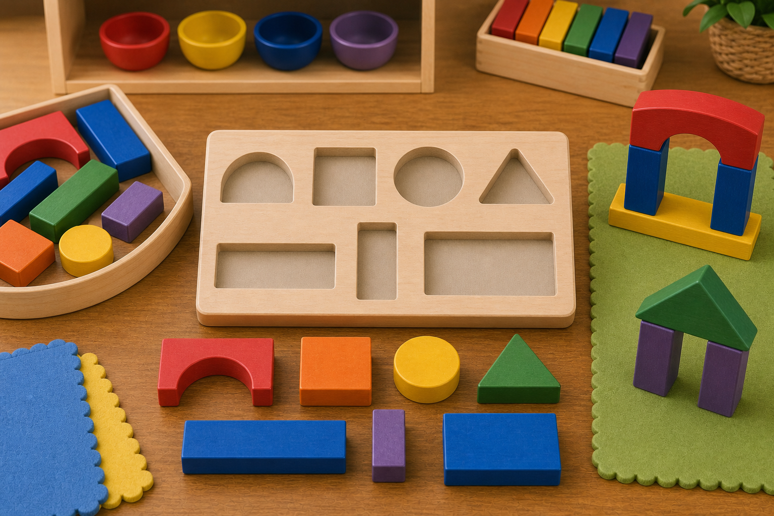 Blank civil-engineering shape pieces beside matching cutout openings for a sorting lesson.
