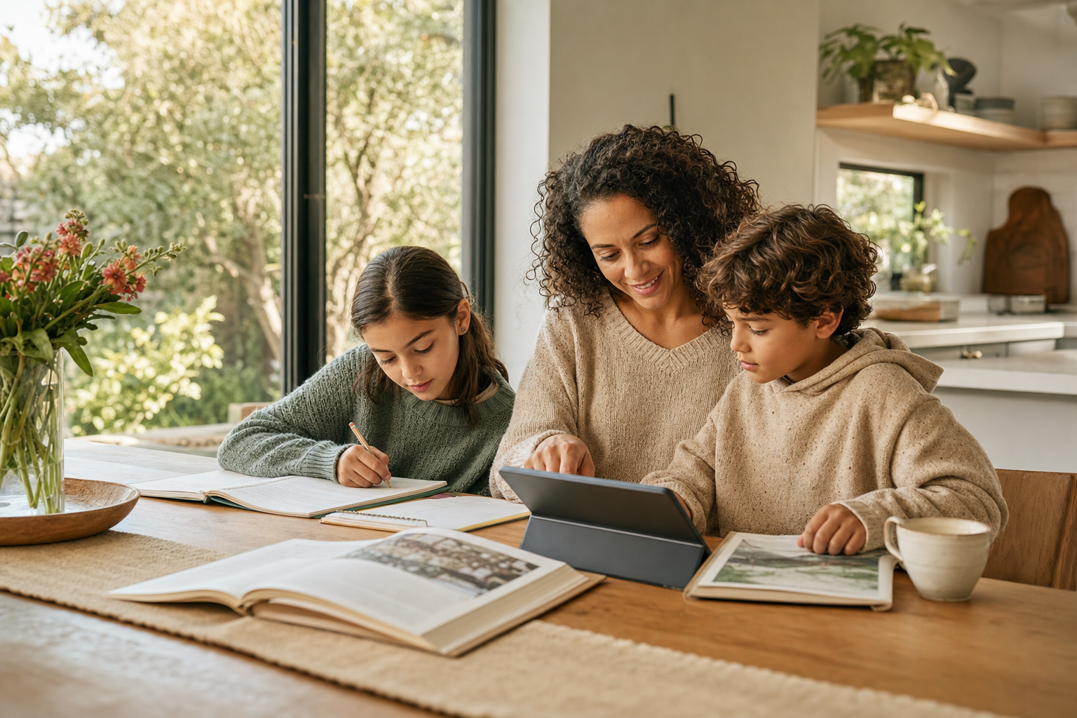 A family learning together around their table at home