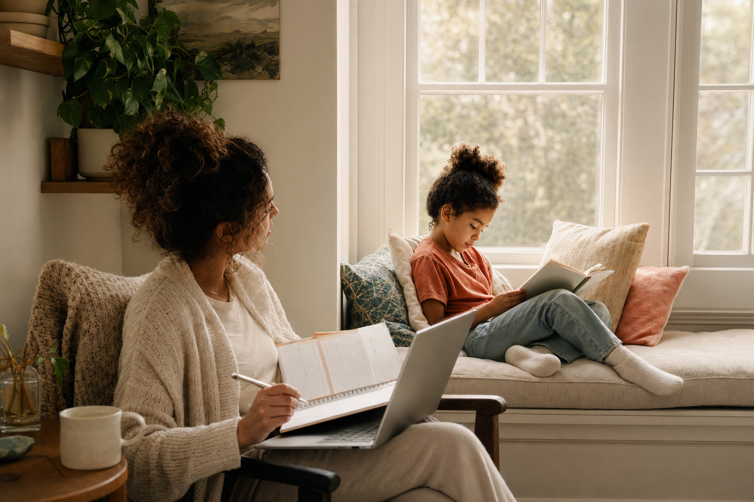 A parent planning lessons in an armchair while a child reads on a window seat