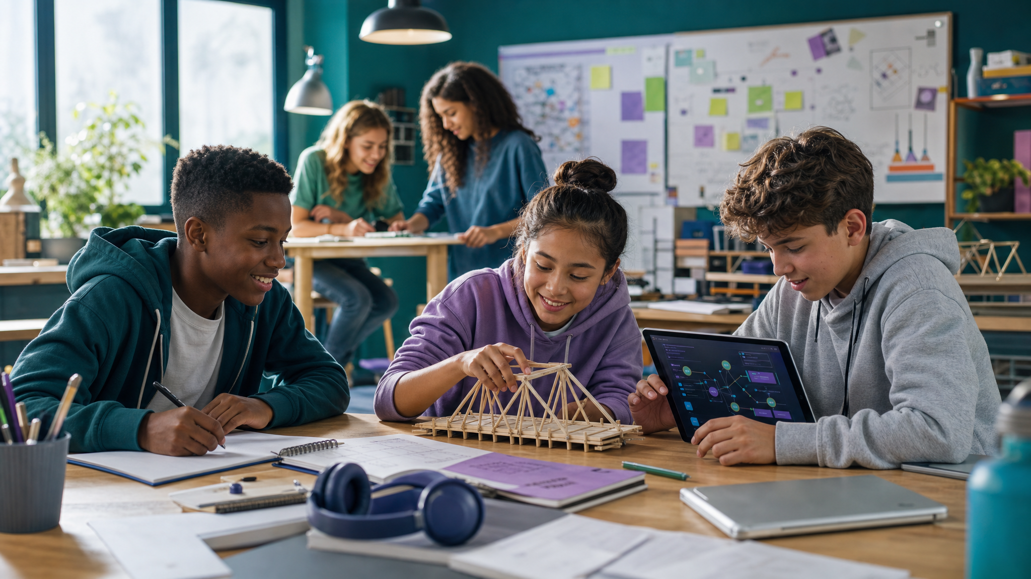 Middle schoolers building a model bridge with a tablet in a maker space