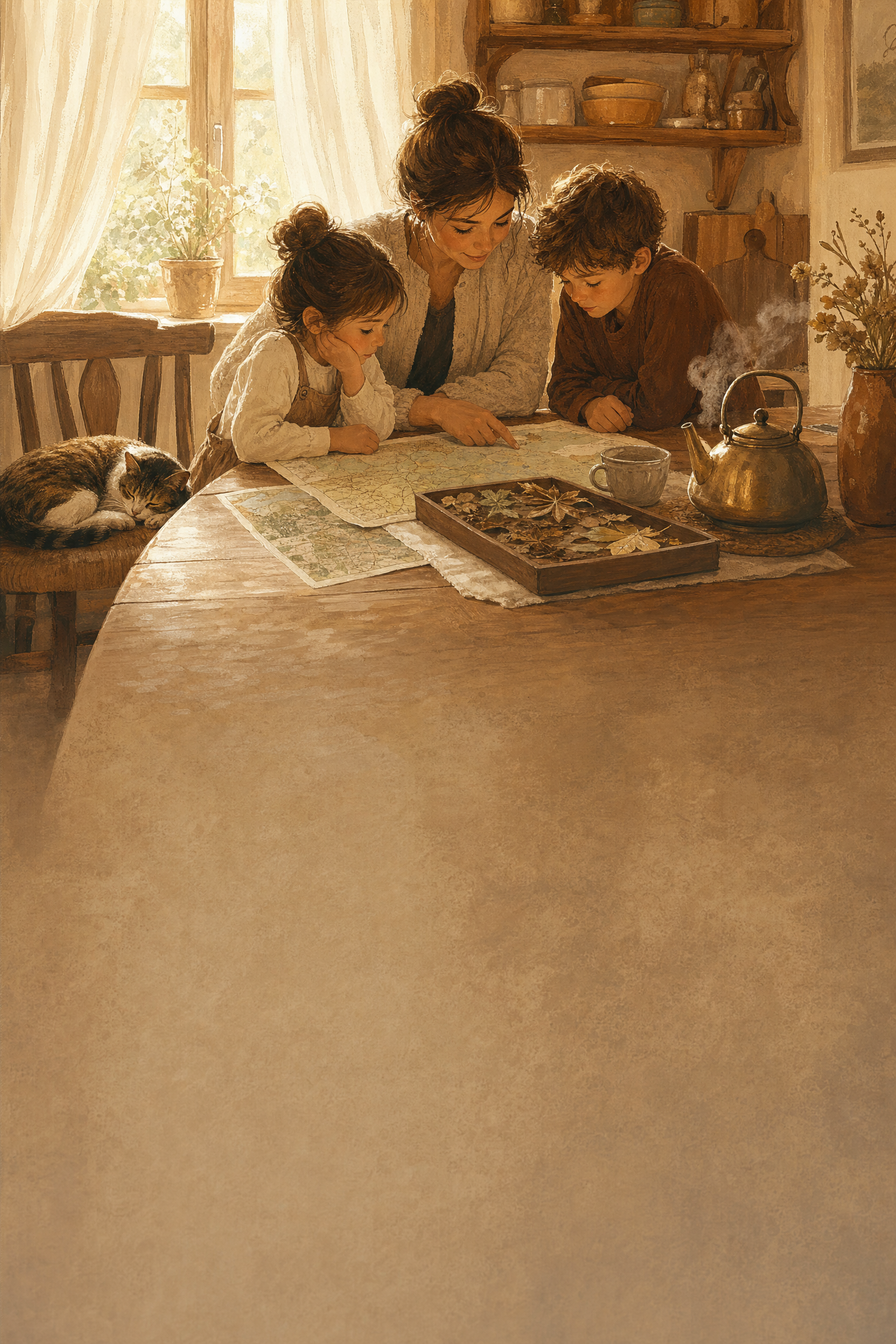 A family learning together around their table at home