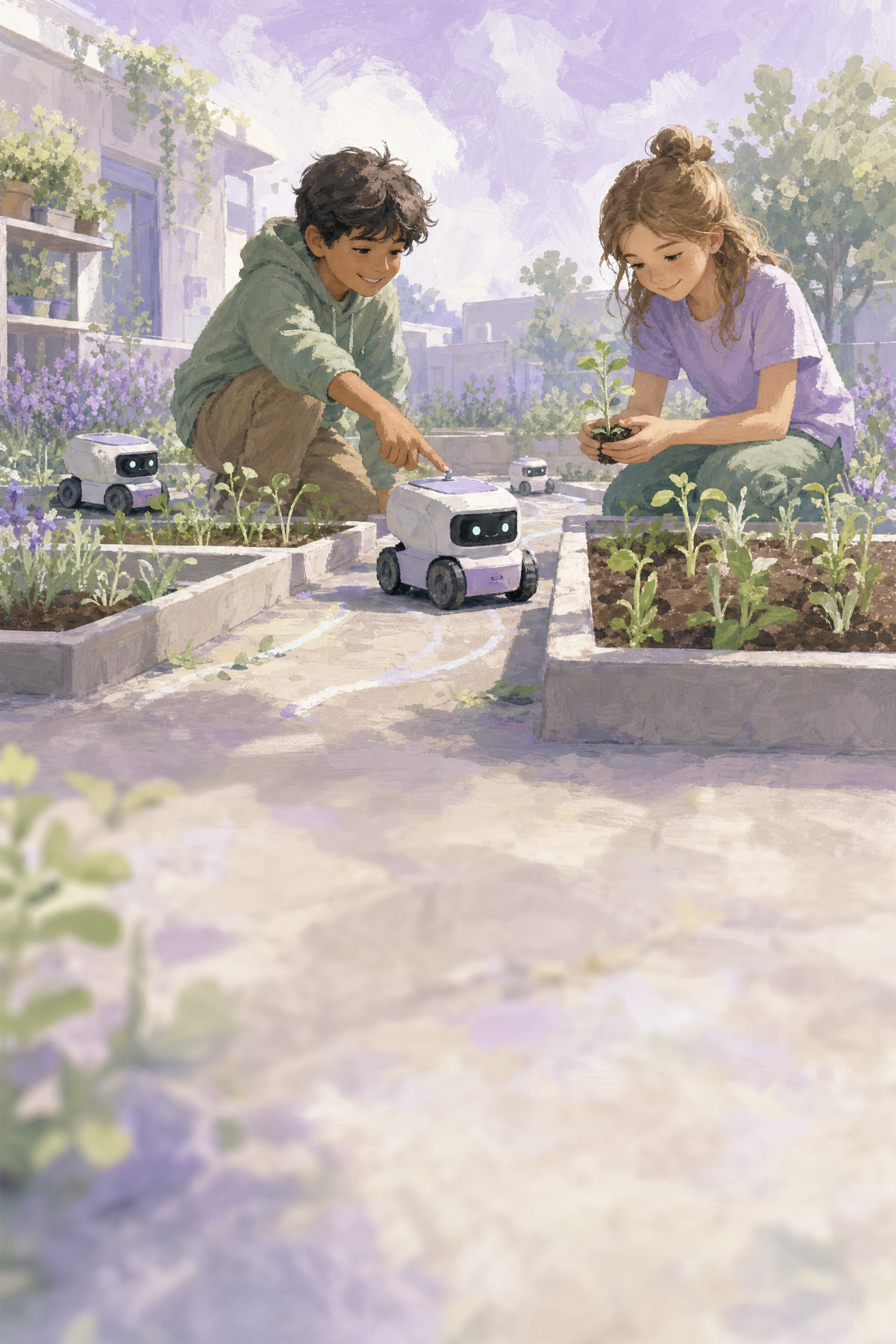 A friendly robot hopping along colorful coding stepping stones through a sunny illustrated garden