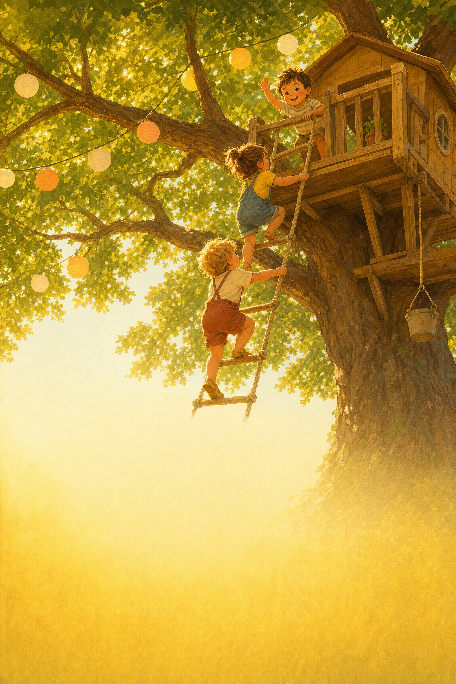 Children playing, reading, and painting across a bright illustrated learning playground under a blue sky