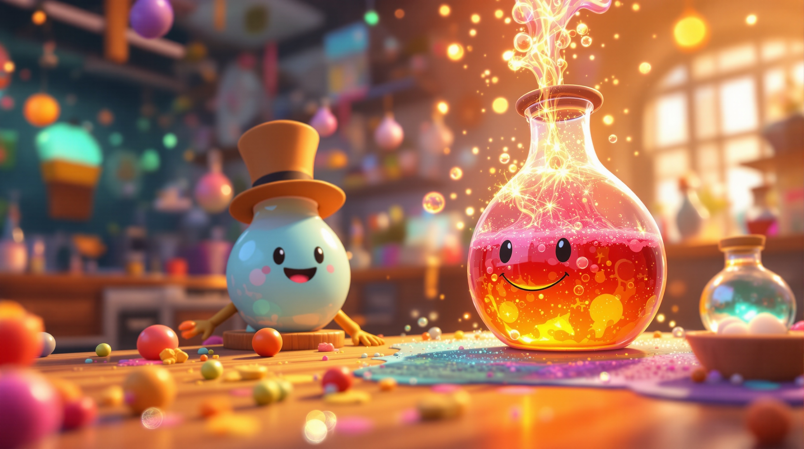 A smiling potion bottle and a friendly character in a bright, playful illustrated science room