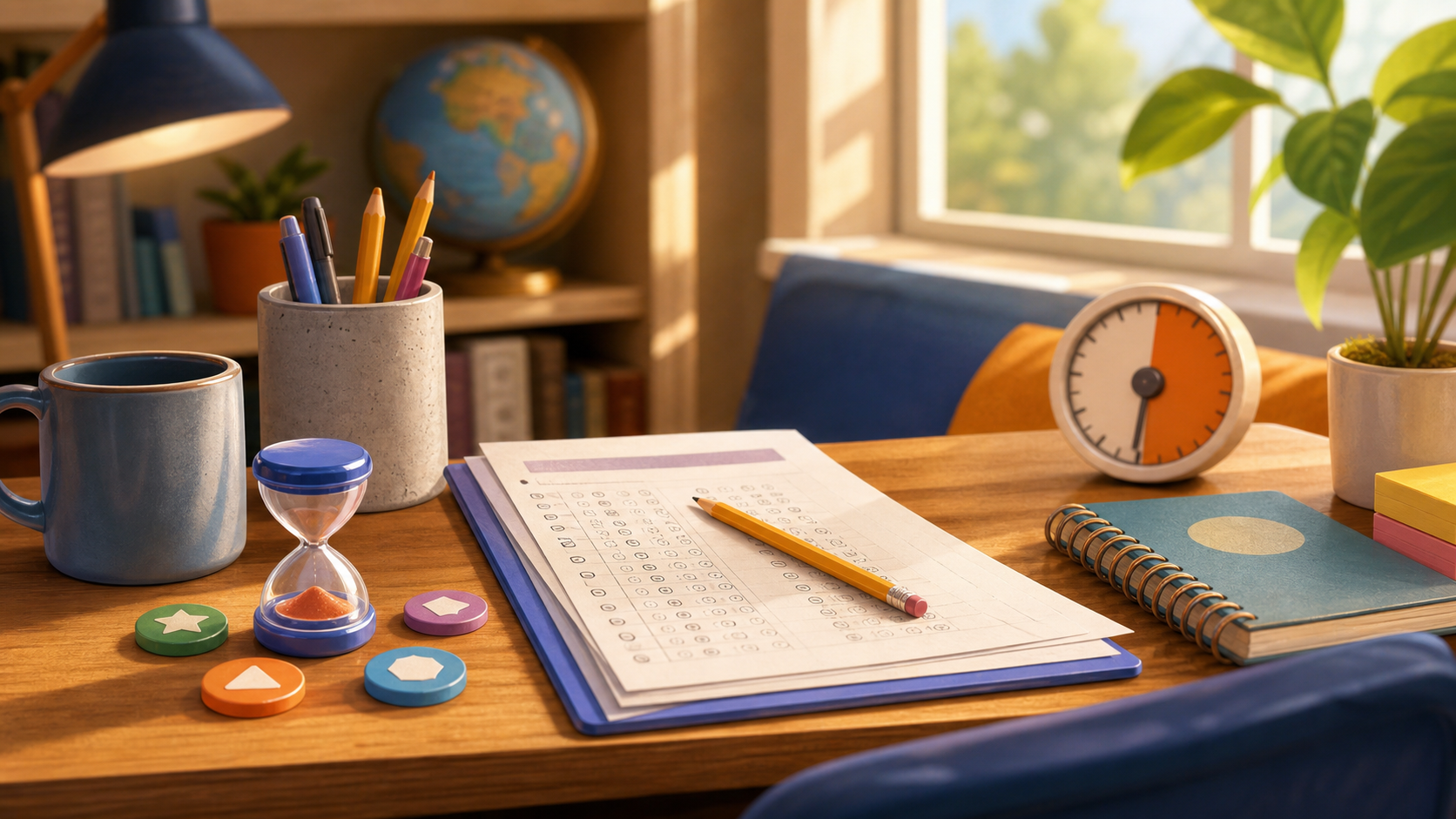 An exam answer sheet, pencil, and timer arranged on a sunlit study desk