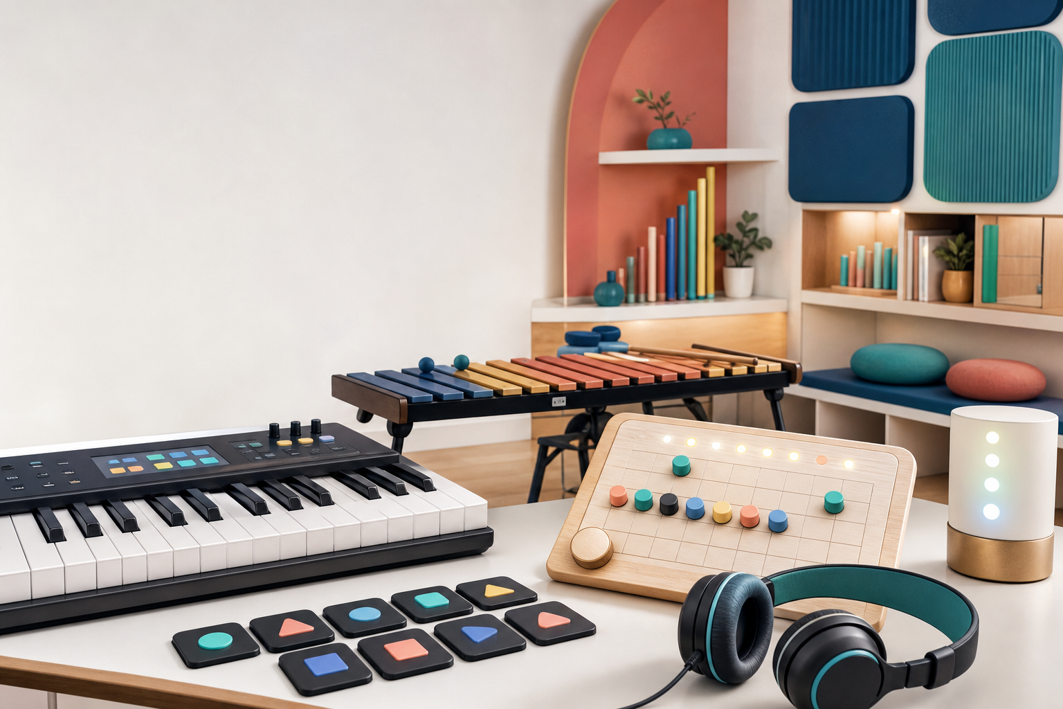 Music studio with piano keys, rhythm tiles, headphones, and a composition board.