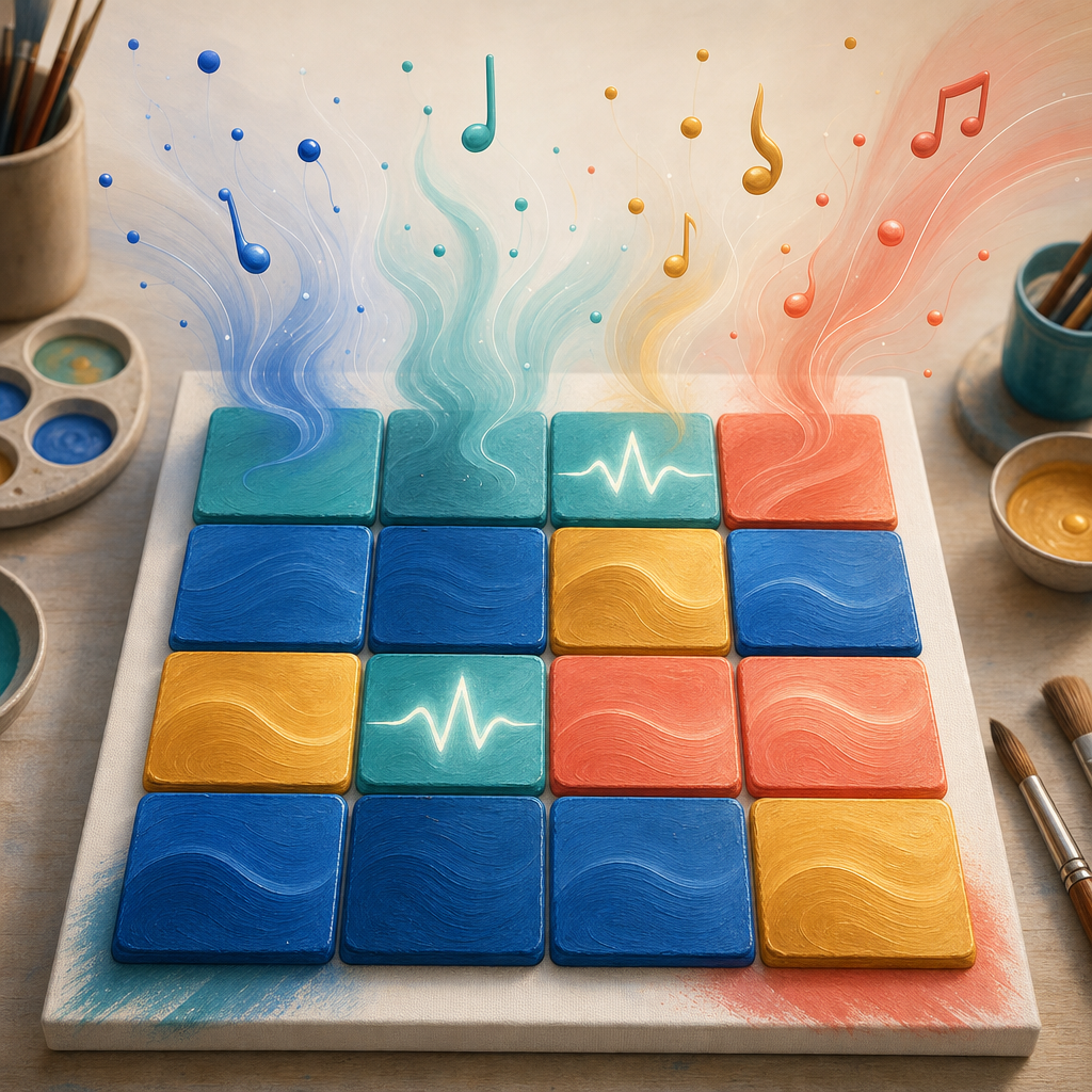 Color blocks becoming rhythm, dynamics, and melody ideas on a music canvas.