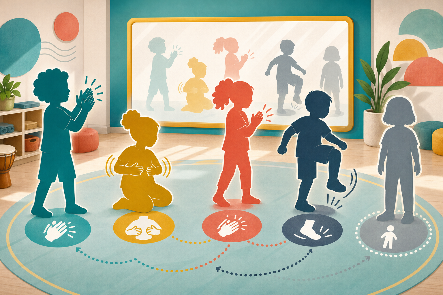 Camera-free body percussion practice with clap, pat, stomp, and rest pattern tiles.