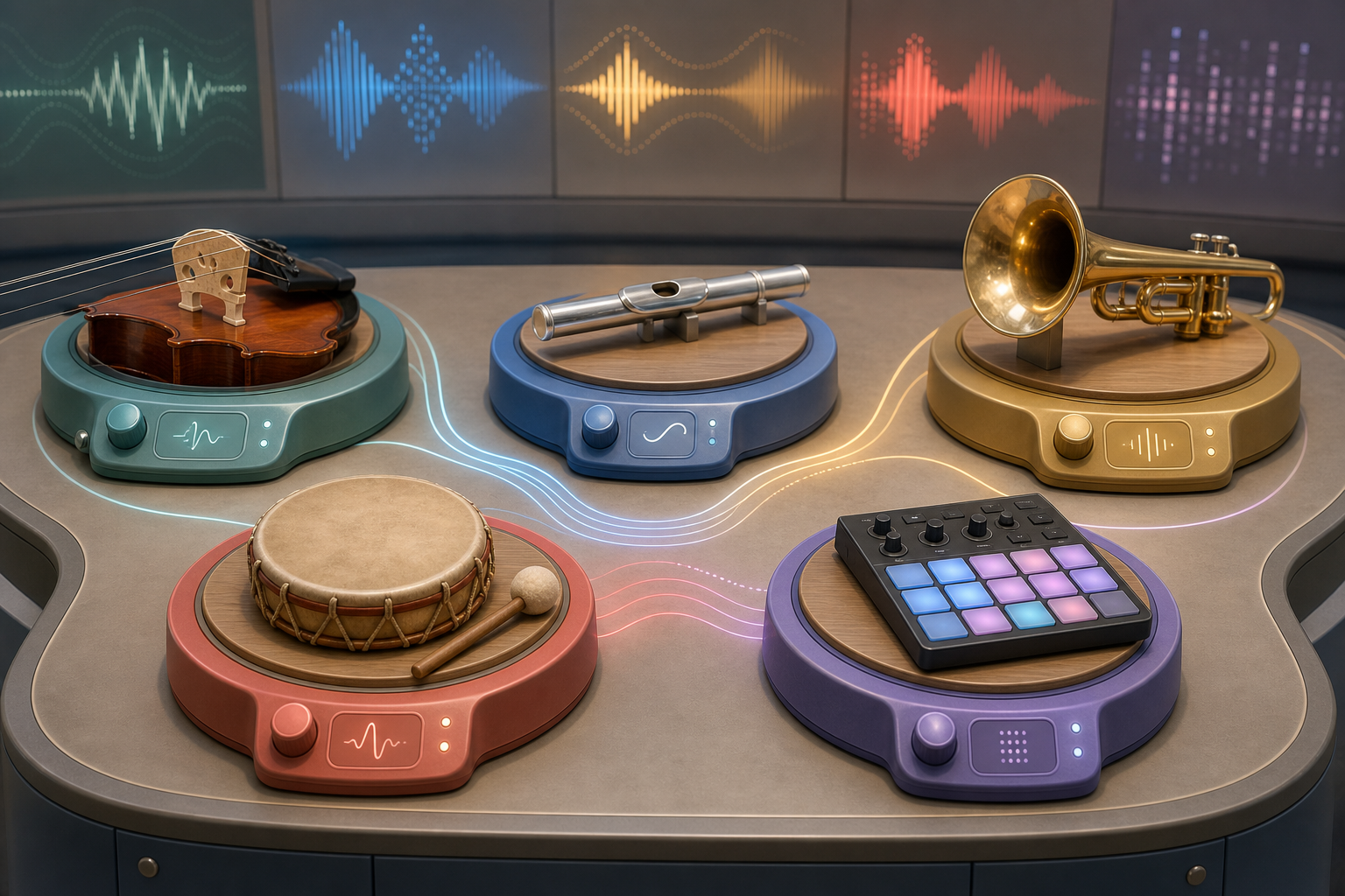 Instrument family listening map with strings, percussion, and keyboard practice objects.