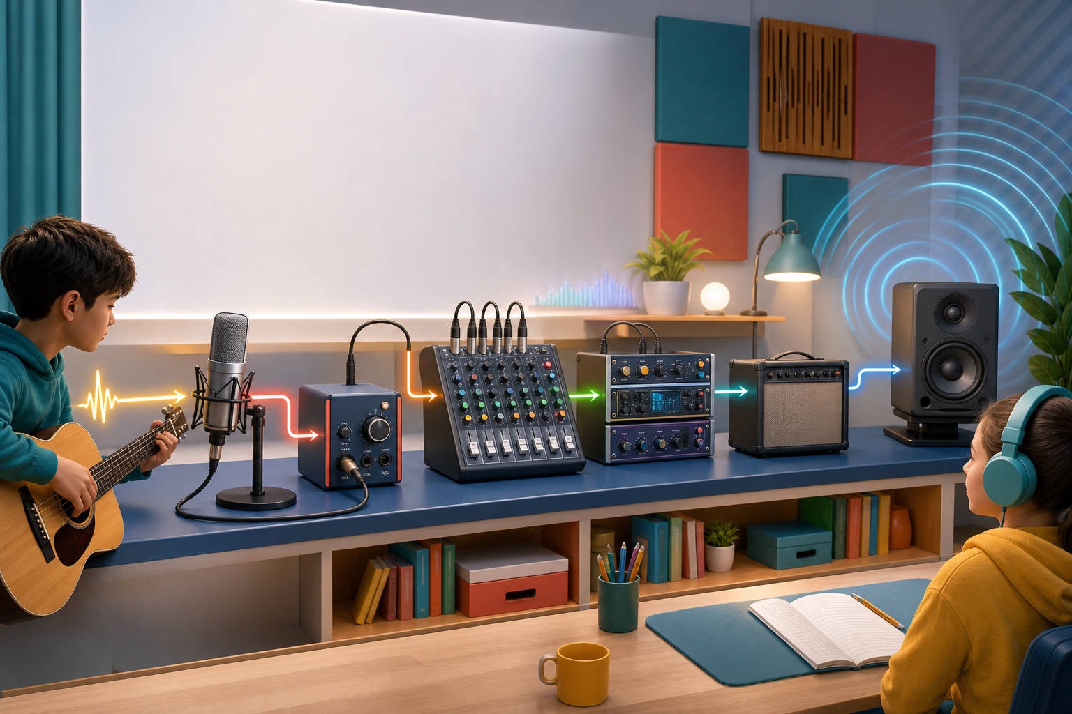 Learning studio showing a sound source routed through microphone, cable, preamp, mixer, effects, amplifier, speaker, room, and ear.