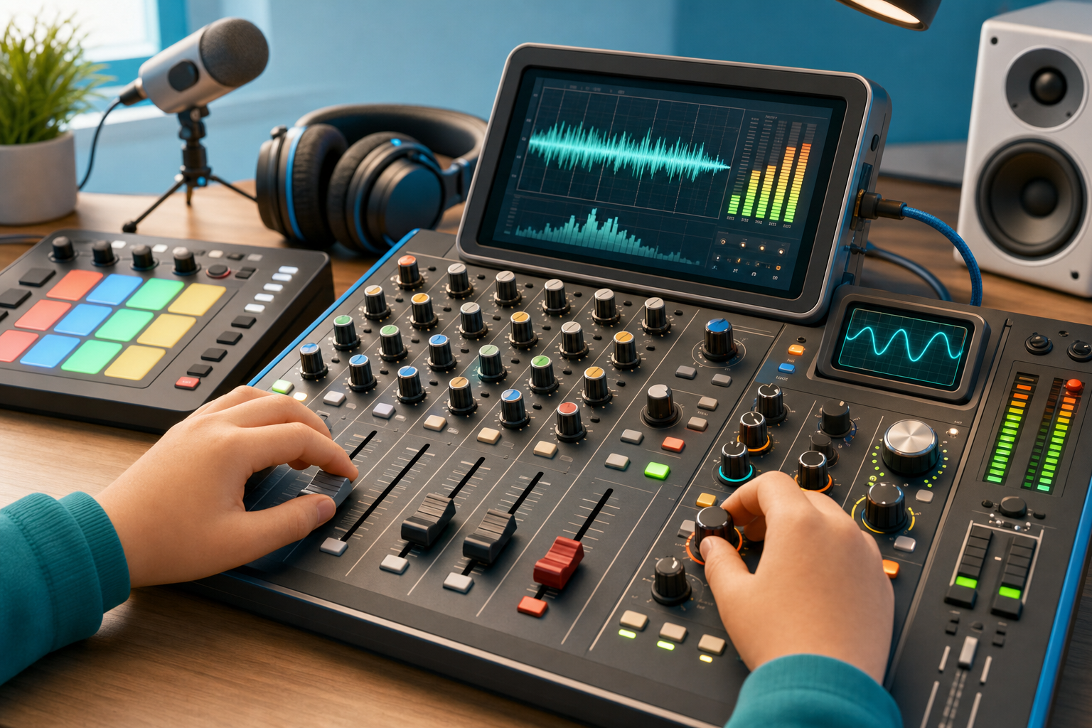 Close-up learning studio control surface with mixer faders, knobs, oscilloscope, meters, pad controller, microphone, headphones, and speaker.