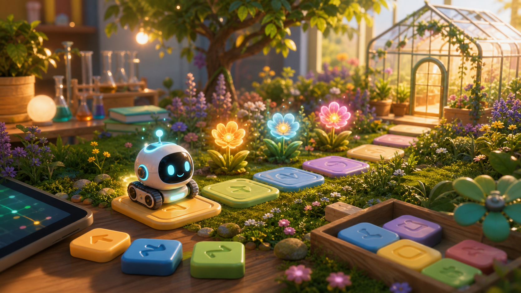 A friendly robot hopping along colorful coding stepping stones through a sunny illustrated garden