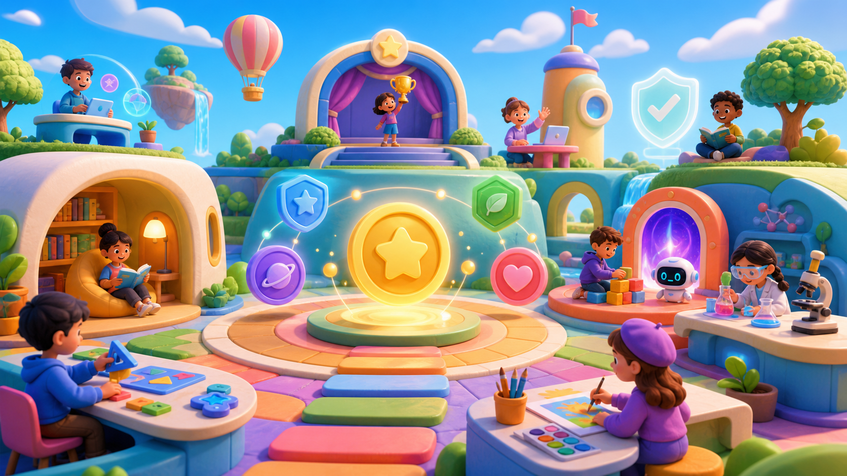 Children playing, reading, and painting across a bright illustrated learning playground under a blue sky