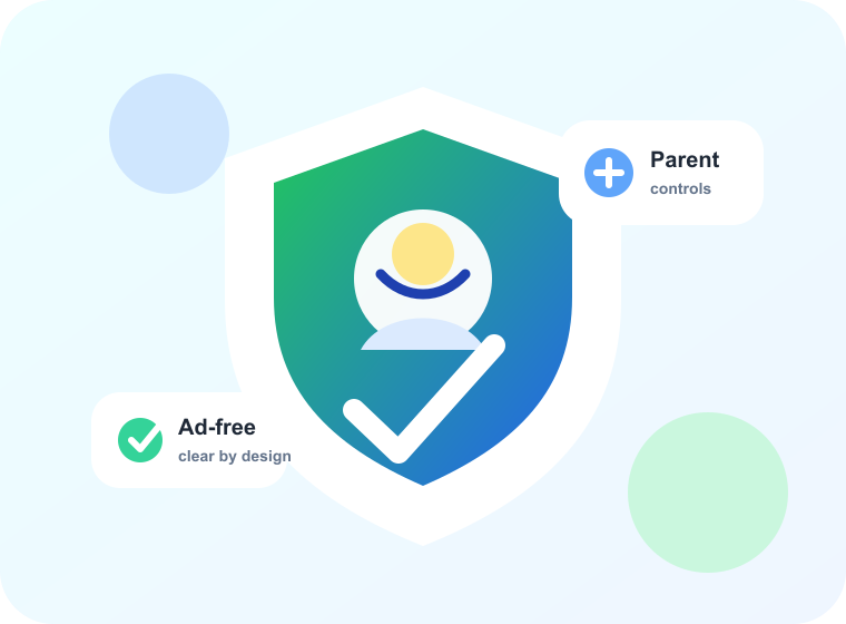 A safety shield representing ad-free learning, parent controls, and child privacy protections.