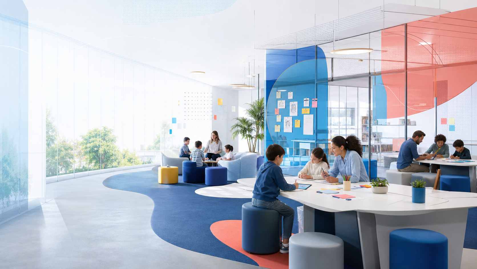 Learners of every age studying together in a bright, modern learning commons