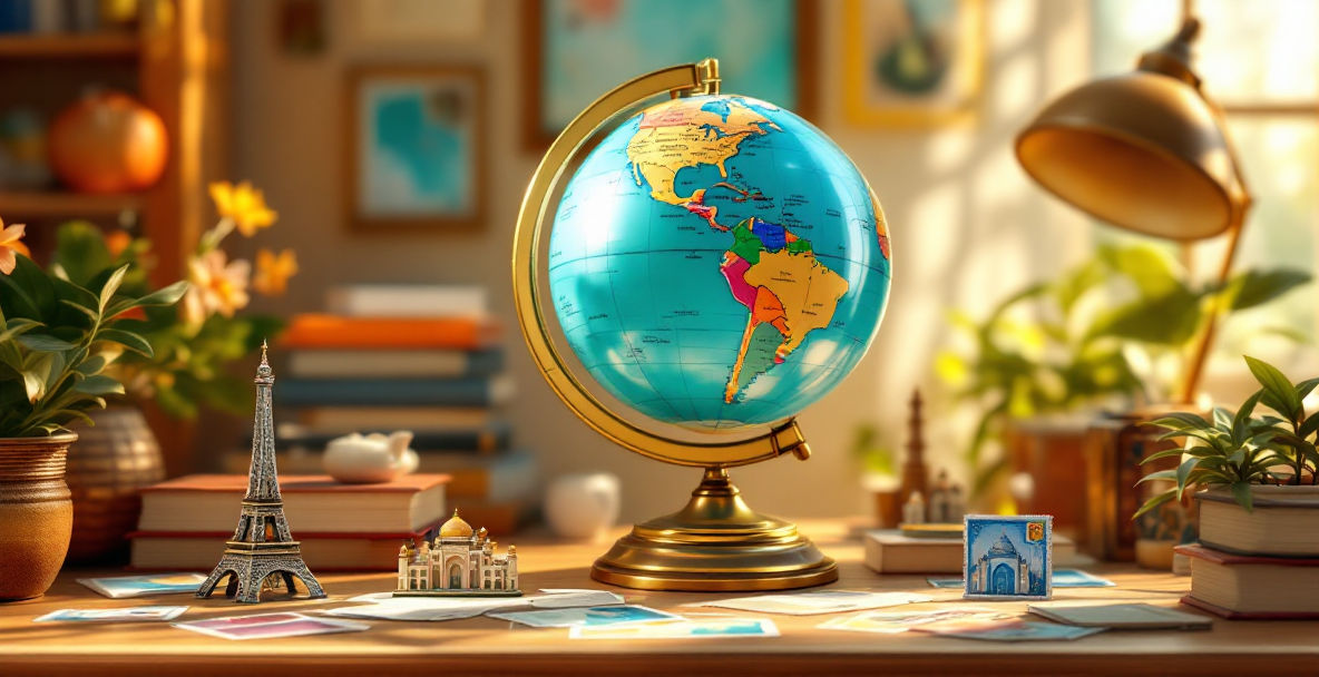 A desk globe surrounded by miniature world landmarks in warm light