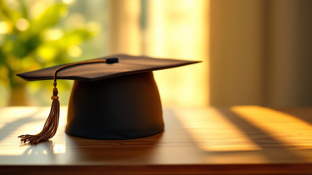 A graduation cap resting on a sunlit wooden desk