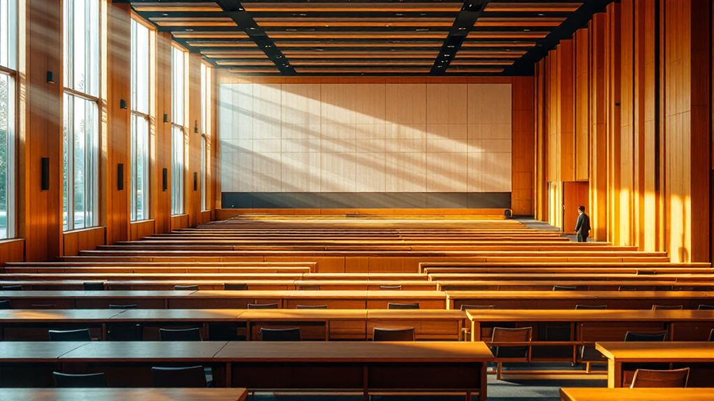 An empty wood-paneled university lecture hall in warm light