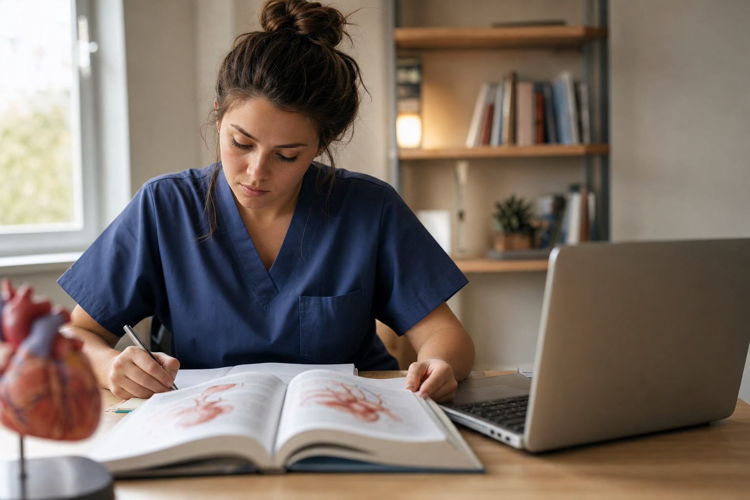 A nursing student in scrubs studying an anatomy textbook beside a laptop