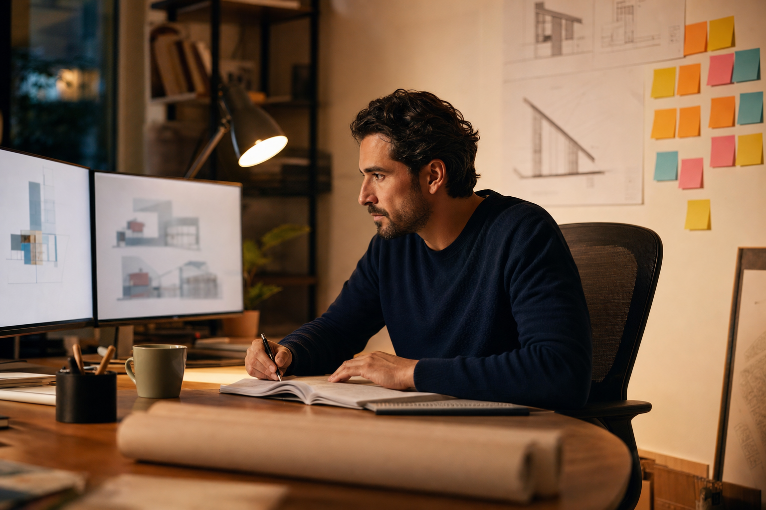 A professional studying at a dual-monitor desk with diagrams and sticky notes