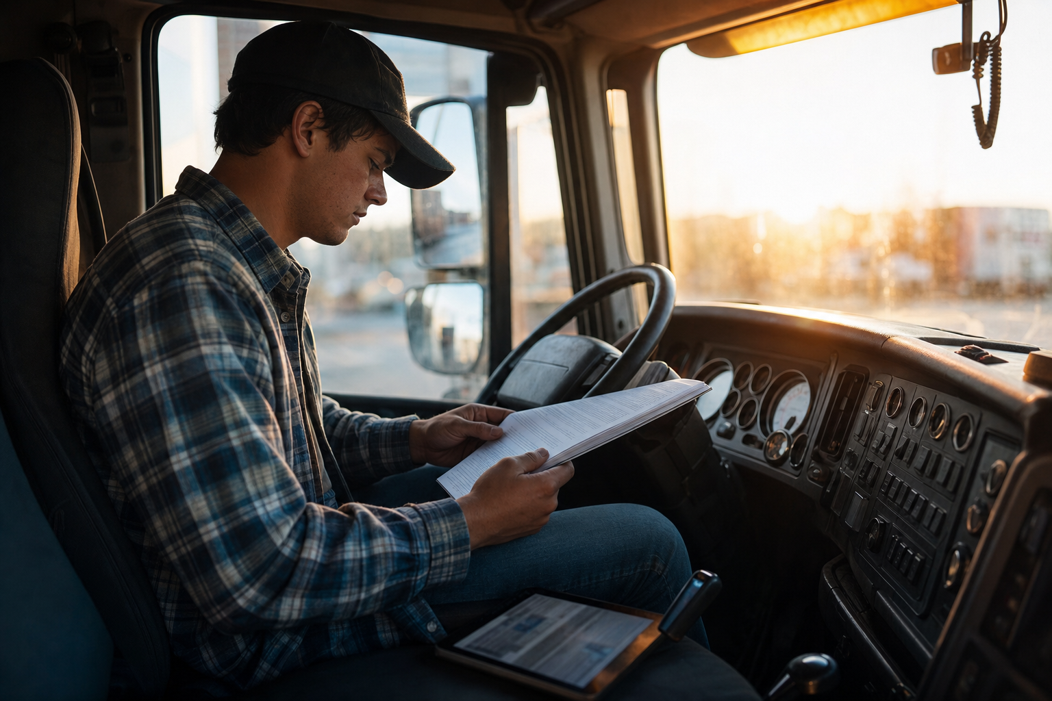 A trucking student reviewing a paper manual at the wheel of a truck cab at golden hour