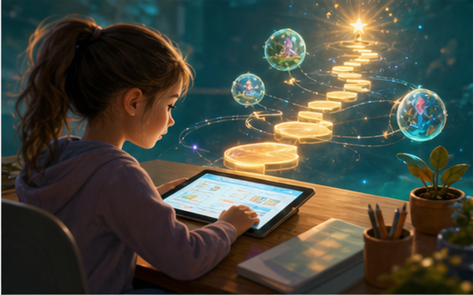 A girl studying on a tablet as a glowing spiral of stepping-stone progress rises beside her