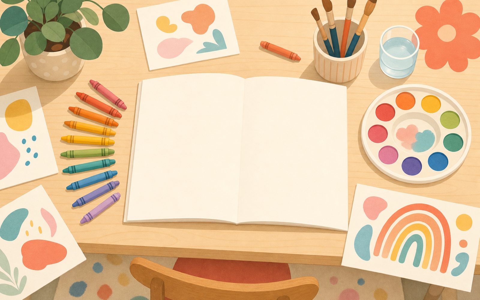 A tidy desk with crayons, paints, and an open sketchbook