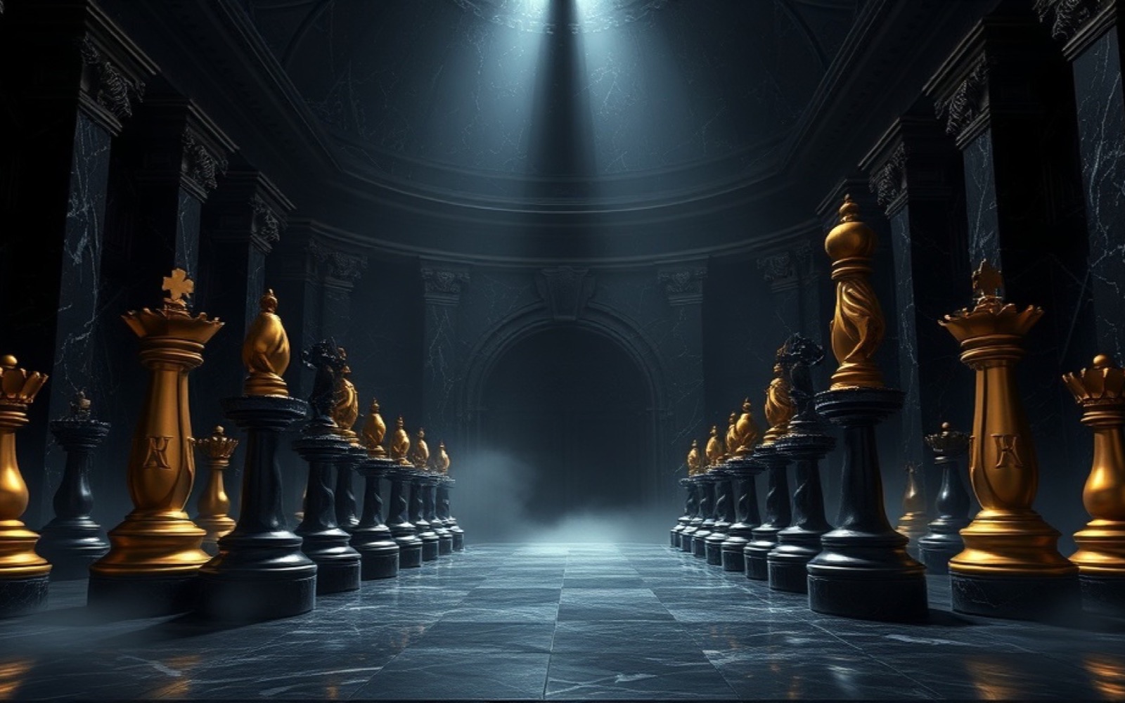 Giant gold and black chess pieces facing off in a dramatic marble hall